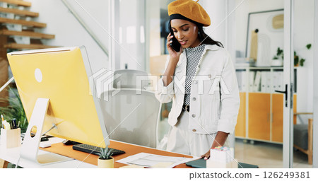 Woman, phone call and reading document in office for discussion, confirm schedule and reporter chat. Journalist, conversation and information for story feedback, client contact and publication agenda Woman, phone call and reading document in office for discussion, confirm schedule and reporter chat. Journalist, conversation and information for story feedback, client contact and publication agenda 126249381