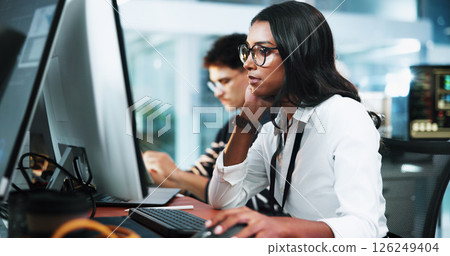 Thinking, woman and developer on computer in office for programming, software update and backend fail. Person, pc and coding for website development, testing server and solution of system application Thinking, woman and developer on computer in office for programming, software update and backend fail. Person, pc and coding for website development, testing server and solution of system application 126249404
