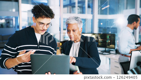 Man, developer and mentor on laptop in office for programming, coding training and server update. People, manager and help for testing pc, IT intern and website application and troubleshooting system 126249405