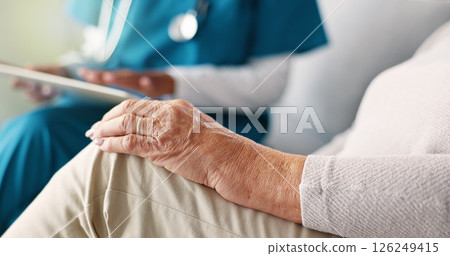 People, hands and nurse with elderly patient for consultation, diagnosis or checkup at retirement home. Closeup, doctor or caregiver with senior client for assisted living on sofa at old age house People, hands and nurse with elderly patient for consultation, diagnosis or checkup at retirement home. Closeup, doctor or caregiver with senior client for assisted living on sofa at old age house 126249415