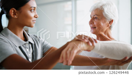 Physiotherapy, consulting and woman with senior patient for medical service, support and wellness. Healthcare, chiropractor and physical therapist with person for mobility, rehabilitation and help Physiotherapy, consulting and woman with senior patient for medical service, support and wellness. Healthcare, chiropractor and physical therapist with person for mobility, rehabilitation and help 126249446