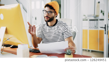 Paperwork, designer or creative man on computer in startup for art project, digital media or video editing. Document, script or research for content creation, post production or filmmaking process 126249451