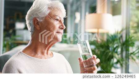 Home, drinking water or old woman with wellness, thinking or hydration with health in retirement. Nutrition, pensioner or senior person with memory, liquid or aqua with nostalgia, solution or thirsty Home, drinking water or old woman with wellness, thinking or hydration with health in retirement. Nutrition, pensioner or senior person with memory, liquid or aqua with nostalgia, solution or thirsty 126249465