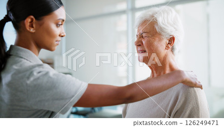 Physical therapy, shoulder pain and woman with mature patient for medical service, support and wellness. Healthcare, chiropractor and physiotherapist with person for consulting, recovery and help 126249471