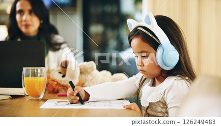 Drawing, remote work or mom with kid, homework or single parent for education or homeschool lesson. Headphones, mother and daughter colouring on paper for learning activity, student and sketching 126249483