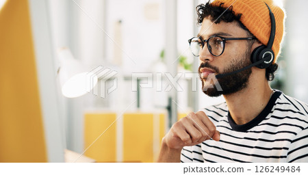 Serious, agent and man with headset, call center and communication with microphone and customer service. Business, representative and person with advice for contact, online and consultation for order 126249484