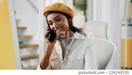 Business, phone call and woman with smile, creative and conversation with research for article. Happy person, app and fashion journalist in workplace, cellphone and communication for news report Business, phone call and woman with smile, creative and conversation with research for article. Happy person, app and fashion journalist in workplace, cellphone and communication for news report 126249530