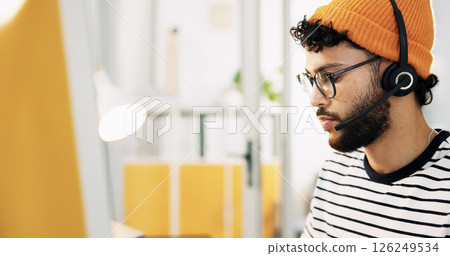 Computer, agent and man with headset, call center and research for order on website or communication. Customer service, representative and person with tech for info, typing and consultation for sales Computer, agent and man with headset, call center and research for order on website or communication. Customer service, representative and person with tech for info, typing and consultation for sales 126249534