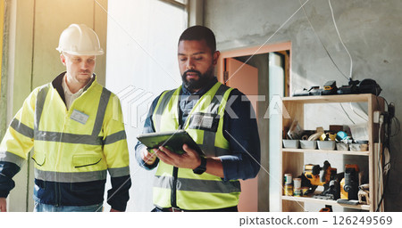 Men, tablet and teamwork for inspection or construction, industrial planning and building renovation of development. Engineer, collaboration and project management with maintenance for infrastructure 126249569