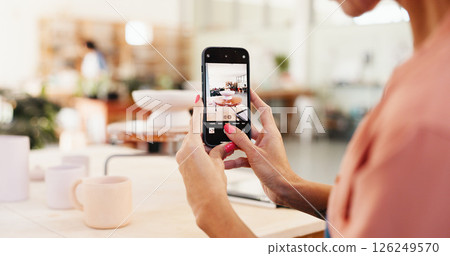 Pottery, phone screen and person with photo of clay design, artistic handicraft and online post. Workshop, creative and picture of ceramic bowl for social media for hobby, sculpture and learning 126249570