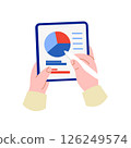 Flat illustration of hands analyzing a pie chart on a digital tablet with a stylus 126249574