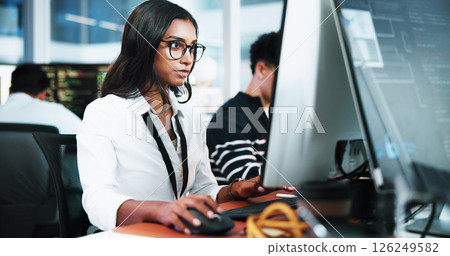 Woman, developer and typing on computer in office for programming, software update and troubleshooting. Person, pc and coding for website development, testing server and monitor of system application 126249582