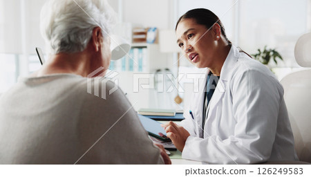 Tablet, doctor and talking to patient for healthcare report, test results and help. Medical professional, tech and consultation with elderly woman for checkup or questions for symptoms in hospital 126249583