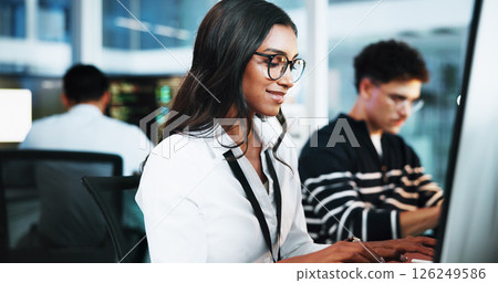 Happy, woman and developer on computer in office for programming, software update and troubleshooting. Female person, pc and coding app with website development, testing server and system application Happy, woman and developer on computer in office for programming, software update and troubleshooting. Female person, pc and coding app with website development, testing server and system application 126249586