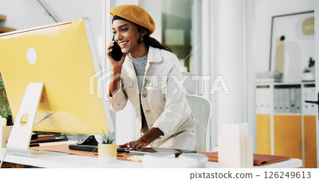 Happy, woman and phone call with computer in office for discussion, confirm schedule and reporter chat. Journalist, conversation and PC with story feedback, client contact and publication information Happy, woman and phone call with computer in office for discussion, confirm schedule and reporter chat. Journalist, conversation and PC with story feedback, client contact and publication information 126249613