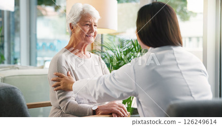 Empathy, doctor and senior patient with illness, checkup and support with healthcare, consulting and touch. Clinic, medical professional and care for elderly person with dementia, sick and diagnosis Empathy, doctor and senior patient with illness, checkup and support with healthcare, consulting and touch. Clinic, medical professional and care for elderly person with dementia, sick and diagnosis 126249614