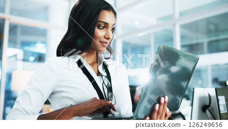 Happy, woman and developer with laptop in office of programming, coding support and server update. Person, online app and IT for testing system, website application and troubleshooting at call centre Happy, woman and developer with laptop in office of programming, coding support and server update. Person, online app and IT for testing system, website application and troubleshooting at call centre 126249656