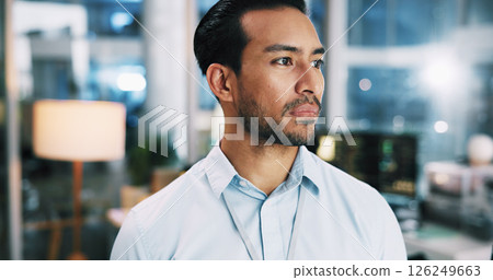 Office, businessman and programmer at night for thinking, planning and solution for web development. Late, male person and developer with ideas for backend update, thoughts and software system for IT Office, businessman and programmer at night for thinking, planning and solution for web development. Late, male person and developer with ideas for backend update, thoughts and software system for IT 126249663