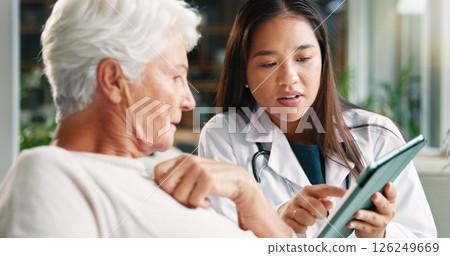 Woman, doctor and senior patient with tablet for diagnosis, results or prescription at hospital. Female person, medical worker or elderly client with technology for telehealth, app or clinic checkup 126249669