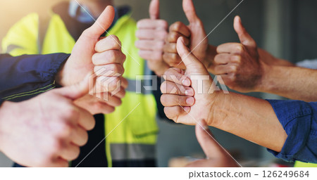 Thumbs up, engineer and group in construction site, hands and opinion for safety at work, vote and yes. Closeup, people and contractor with sign for architecture, agreement and review for development Thumbs up, engineer and group in construction site, hands and opinion for safety at work, vote and yes. Closeup, people and contractor with sign for architecture, agreement and review for development 126249684