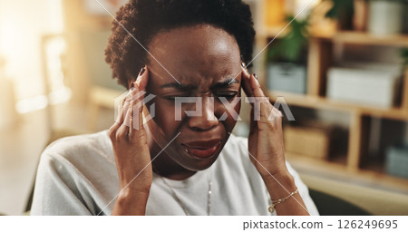 Brain fog, headache and stress with business black woman in home office for freelance or remote work. Anxiety, burnout and pain with entrepreneur person in apartment for crisis, failure or mistake Brain fog, headache and stress with business black woman in home office for freelance or remote work. Anxiety, burnout and pain with entrepreneur person in apartment for crisis, failure or mistake 126249695