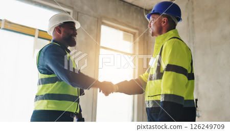Men, handshake and contractor for inspection of construction, industrial and building renovation. Engineer, architect and project management collaboration with maintenance, infrastructure and welcome 126249709