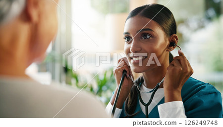Elderly patient, nurse and stethoscope with heart beat in clinic for wellness consultation, chest exam or lung test. Healthcare, woman or professional with tool to monitor BPM at hospital appointment 126249748