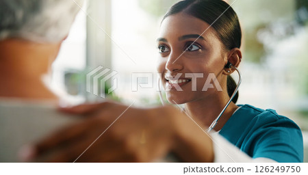 Senior patient, nurse and stethoscope with heart beat in hospital for healthcare checkup, listening and lung test. Chest exam, woman and professional with tool to monitor BPM at medical appointment 126249750