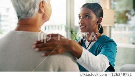 Senior patient, nurse and stethoscope with heart beat in consultation for hospital checkup, chest exam or lung test. Healthcare, professional and woman with tool to monitor BPM at medical appointment 126249751