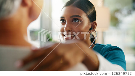 Senior patient, nurse and stethoscope with heart beat in clinic for medical checkup, chest exam or lung test. Healthcare, professional and happy woman with tool to monitor BPM at hospital appointment 126249752