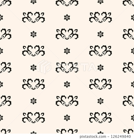 Simple minimalist floral pattern. Minimal seamless texture with small flower shapes. Abstract black and white geometric background. For print, package 126249840