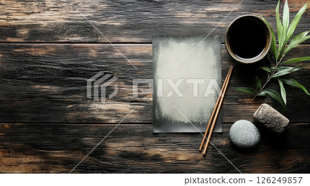 Zen-themed mockup with blank textured paper, tea bowl, calligraphy brushes, stones and bamboo leaves on rustic dark wooden background, perfect for branding or design presentation 126249857