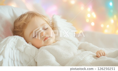 Sleeping baby with angel wings dressed in white, resting peacefully against a glowing pastel bokeh background, capturing innocence, serenity and heavenly charm 126250251