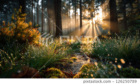 A breathtaking scene inside a lush forest, where golden beams of sunlight pierce through the trees, casting radiant light on the green grass below. Generative AI	 126250789