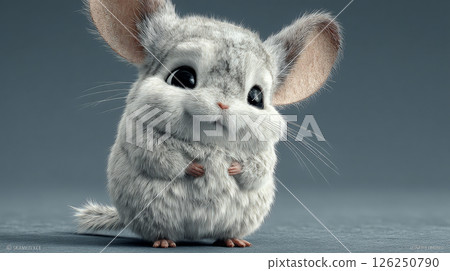 A stunning 3D rendering of a white chinchilla, captured in a full-body portrait against a minimalistic background. Generative AI	 126250790