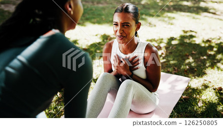 Women, friends and sit up at park with exercise mat, support or training for strong core in summer. Girl, personal trainer and workout for muscle, abs and fitness in nature with coach help in morning Women, friends and sit up at park with exercise mat, support or training for strong core in summer. Girl, personal trainer and workout for muscle, abs and fitness in nature with coach help in morning 126250805