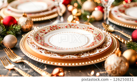 Still life served festive dinner table while Christmas lights glowing 126250831