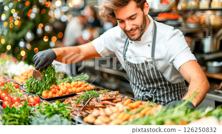Still life served festive dinner table while Christmas lights glowing 126250832