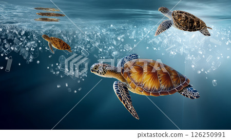 Plastic pollution in the ocean is an environmental problem. Turtles may eat plastic bags, mistaking them for jellyfish. A global problem, a threat to ocean wildlife and calling for urgent action to 126250991