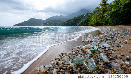 Plastic pollution of the ocean is an environmental problem. Dirty sea beach, garbage on seashore. A global problem, a threat to ocean wildlife and calling for urgent action to protect the environment. 126250999