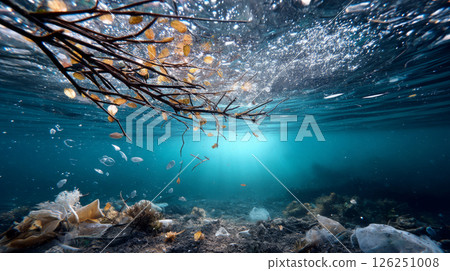 Plastic trash in the ocean. Environmental pollution. sea is covered in plastic and dead sea creatures. global problem, threat ocean wildlife and calling for urgent action to protect the environment. 126251008