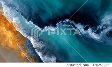 The ocean is polluted with chemical waste, causing the water to become toxic. Pollution by industrial chemicals, oil spill at sea, petroleum products, insurance 126251026