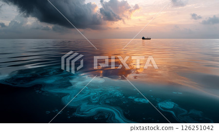 Oil leak from Ship , Oil spill pollution polluted water surface water pollution as a result of human activities. industrial chemical contamination, oil spill at sea, petroleum products. 126251042