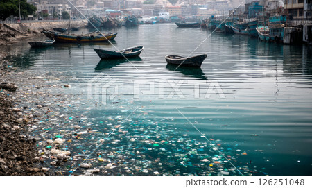 A seaport with plastic trash scattered everywhere. Plastic pollution in the ocean is an environmental issue. A global problem, a threat to ocean wildlife and calling for urgent action to protect the 126251048