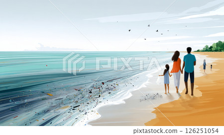 Happy Asian family collecting trash on the beach. Father holding a recyclable trash box, child holding a garbage bag with plastic bottles. Happy Asian family collecting trash on the beach. Father holding a recyclable trash box, child holding a garbage bag with plastic bottles. 126251054