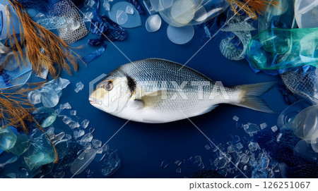 Plastic trash. Conceptual image of fish and plastic. Plastic pollution of the ocean, ecological crisis. Say no to plastic. Single-use plastic waste 126251067