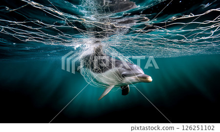 Dolphin caught in sea nets. Plastic pollution of the ocean is an environmental problem. A global problem, a threat to ocean wildlife and calling for urgent action to protect the environment. Dolphin caught in sea nets. Plastic pollution of the ocean is an environmental problem. A global problem, a threat to ocean wildlife and calling for urgent action to protect the environment. 126251102