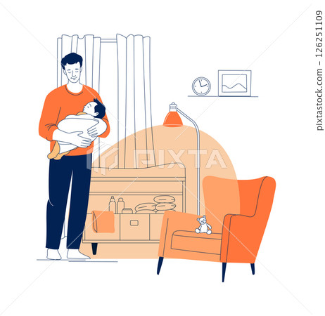 Father Holding Sleeping Baby, Newborn Care at Home Illustration Father Holding Sleeping Baby, Newborn Care at Home Illustration 126251109