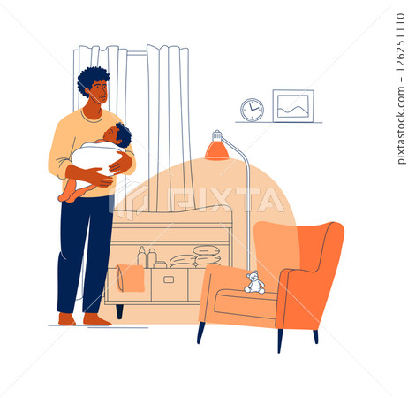 Father Holding Sleeping Baby, Newborn Care at Home Illustration Father Holding Sleeping Baby, Newborn Care at Home Illustration 126251110