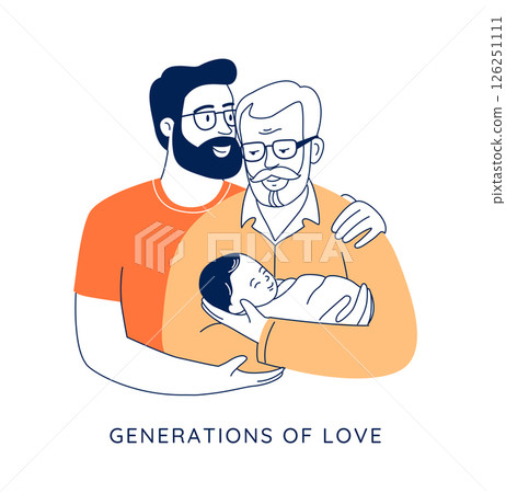 Three Generations, Grandfather, Father, and Baby Together in Vector Family Illustration Three Generations, Grandfather, Father, and Baby Together in Vector Family Illustration 126251111